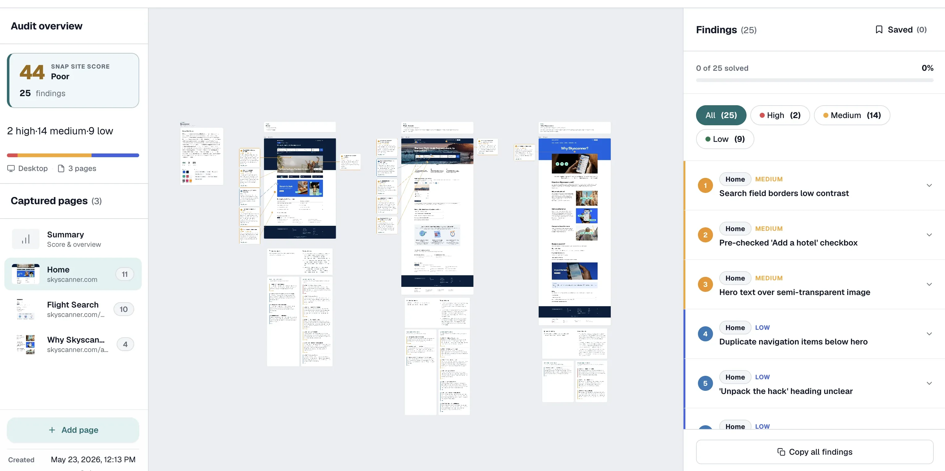 Snap Site audit canvas showing responsive website captures, pinned findings, severity labels, and the findings panel.