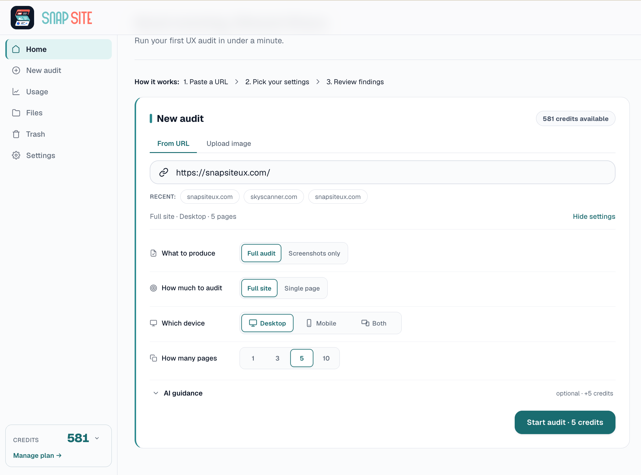 The Snap Site new-audit screen showing a URL field, recent URLs, audit output settings, full-site scope, desktop device selection, five pages selected, AI guidance as an optional 5-credit add-on, 581 credits available, and a Start audit button showing 5 credits.