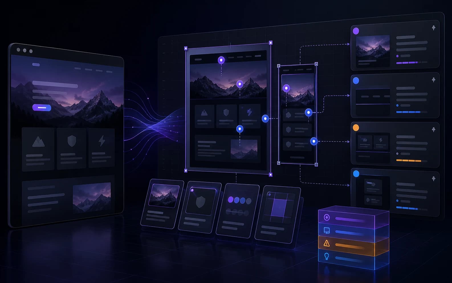 Editorial illustration of a live website flowing into desktop and mobile design frames with pinned audit findings and prioritized evidence cards.