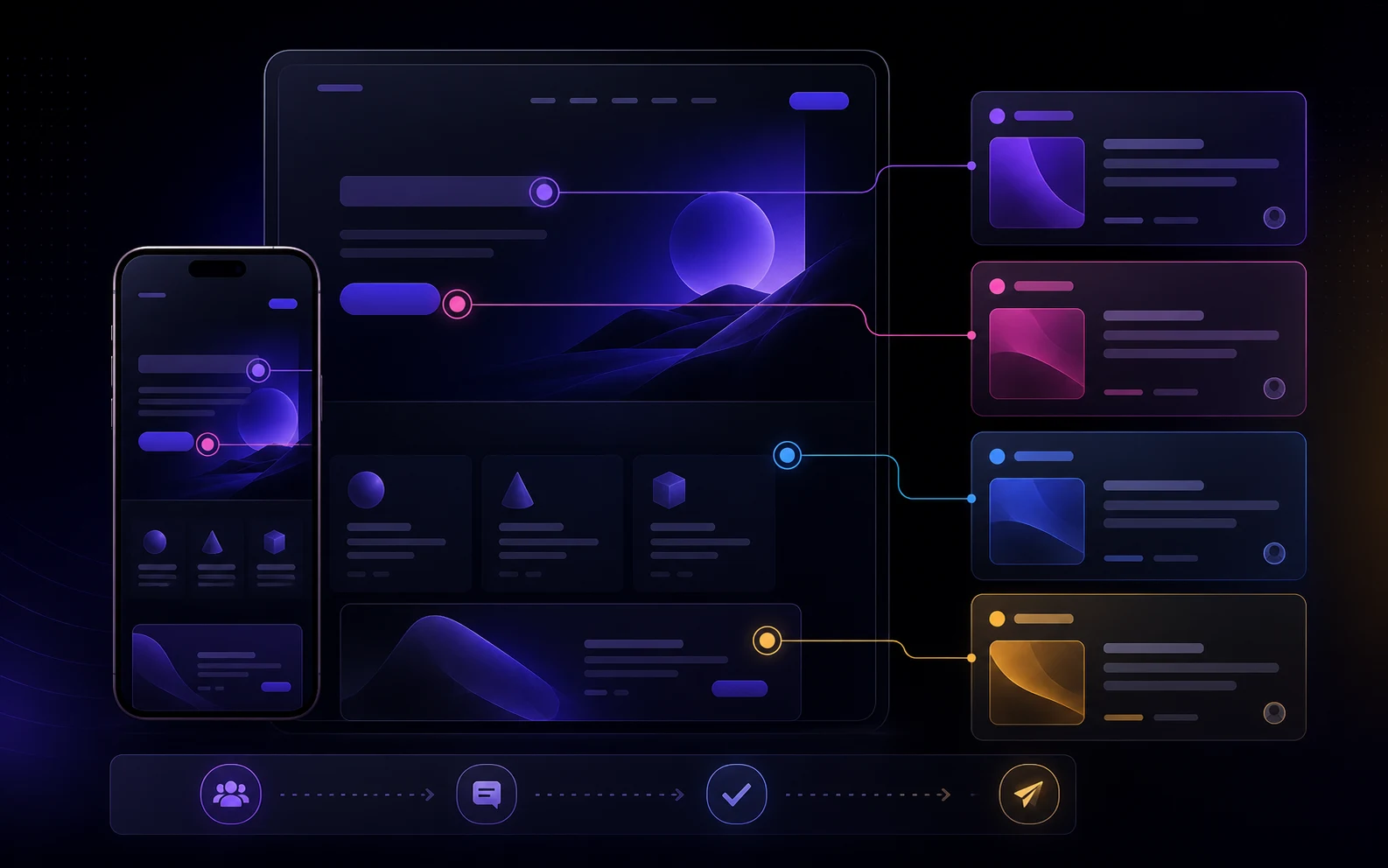 Editorial illustration of desktop and mobile website captures with precise annotation pins connected to prioritized visual feedback cards.